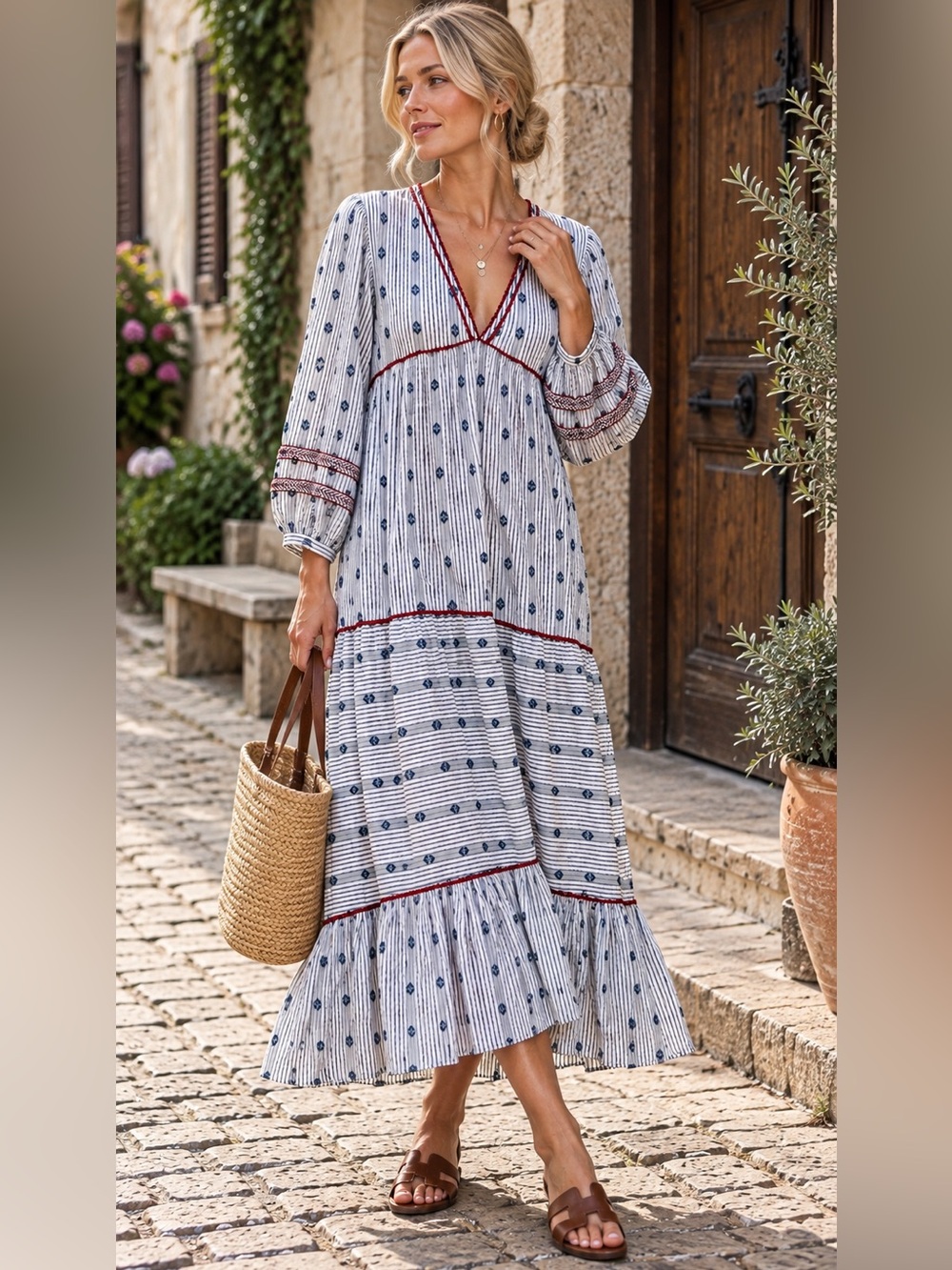 Zara Embroidered Striped Boho Maxi Dress Blue White Red Size Medium NWT